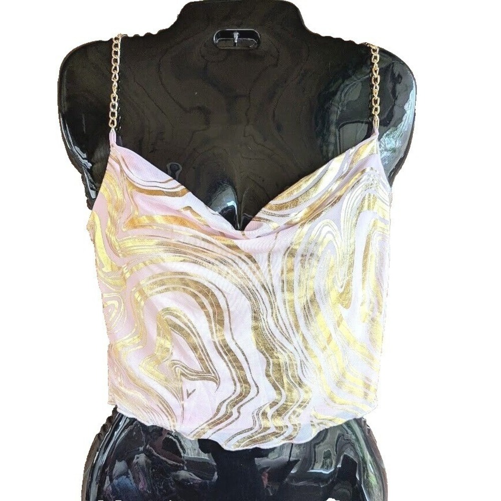Womens Going Out Top S Silky Halter Crop Pink Gold Metallic Chain Strap Festival
